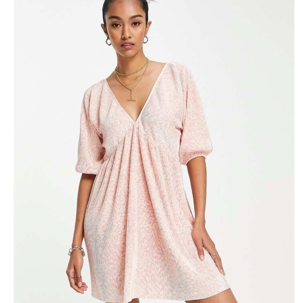 ASOS DESIGN plisse batwing mini dress in pink leopard print
